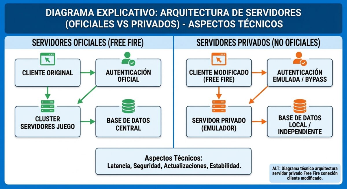 Diagrama técnico funcionamiento servidor privado Free Fire conexión APK modificado arquitectura red