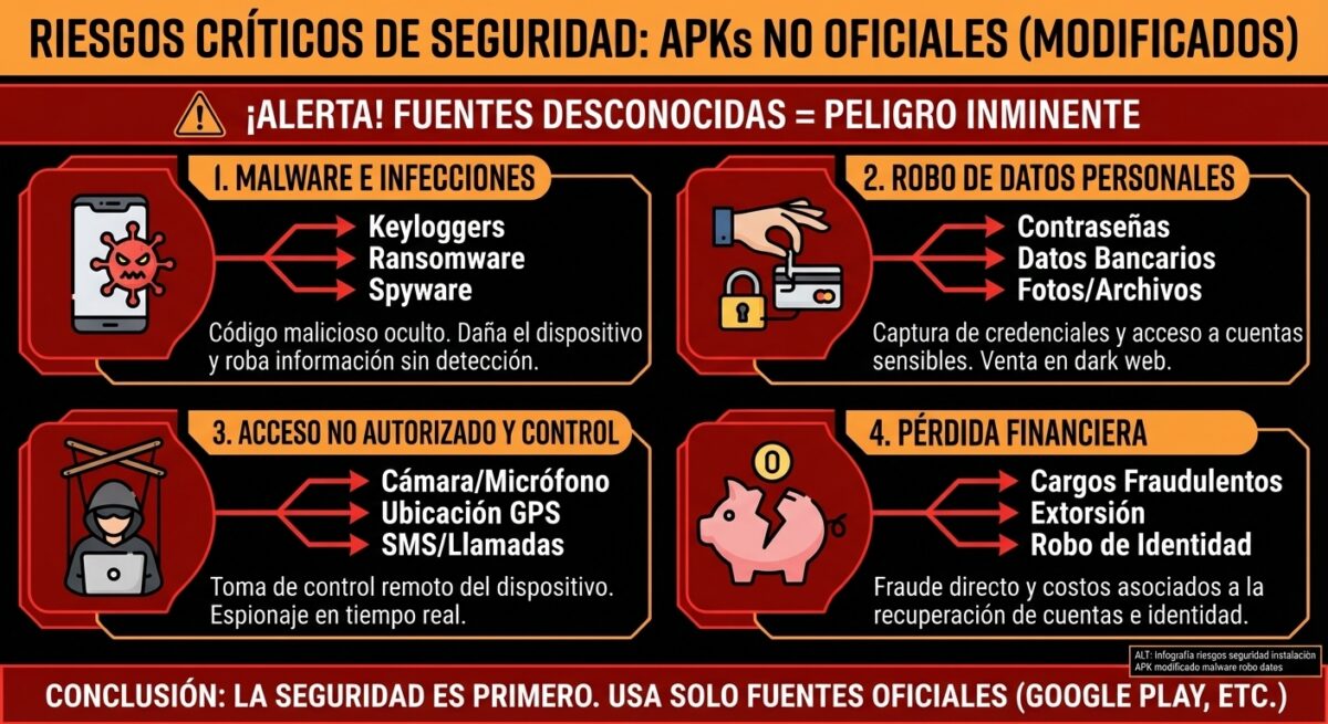 Infografía riesgos seguridad APK modificado Free Fire malware robo datos virus Android