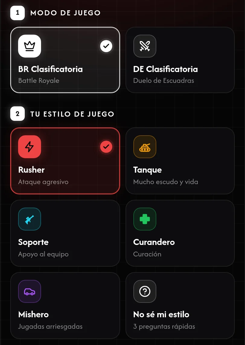 Generador de combos de habilidades Free Fire con BR Clasificatoria y el estilo Rusher seleccionados