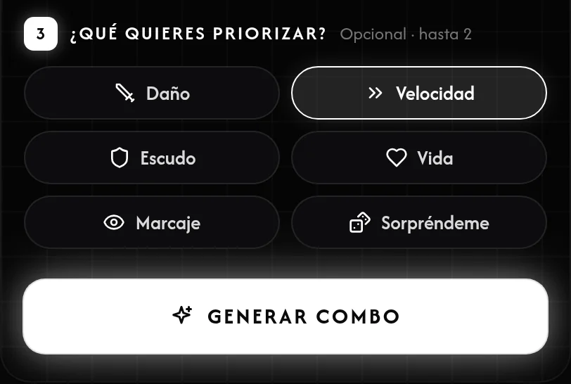 Prioridad Velocidad marcada y botón Generar combo en el generador de combos de habilidades