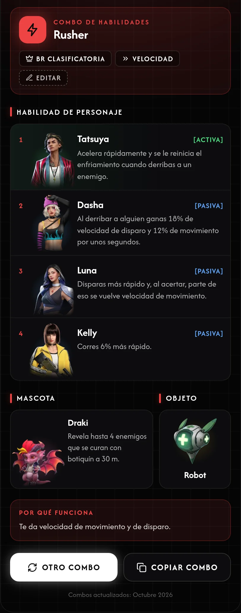 Resultado de combos de habilidades Free Fire para Rusher con Tatsuya, Dasha, Luna y Kelly