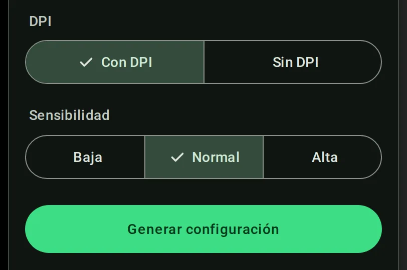 Opciones Con DPI y sensibilidad Normal seleccionadas en el generador de XENKZONE